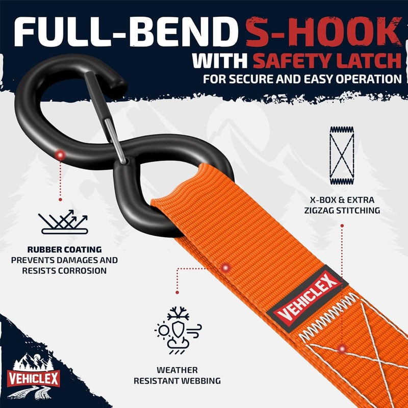 Vehiclex Ratchet Tie-Down Straps Set - (1" x 15', 2200lbs Breaking Strength) - Soft Loops, Coated S-Hooks, Storage Bag for ATV, Motorcycle, Bicycle, Kayak, Cargo Securing, Orange - Image 3
